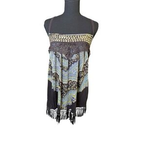 Free People embellished paisley tank top with fringe trim Size L